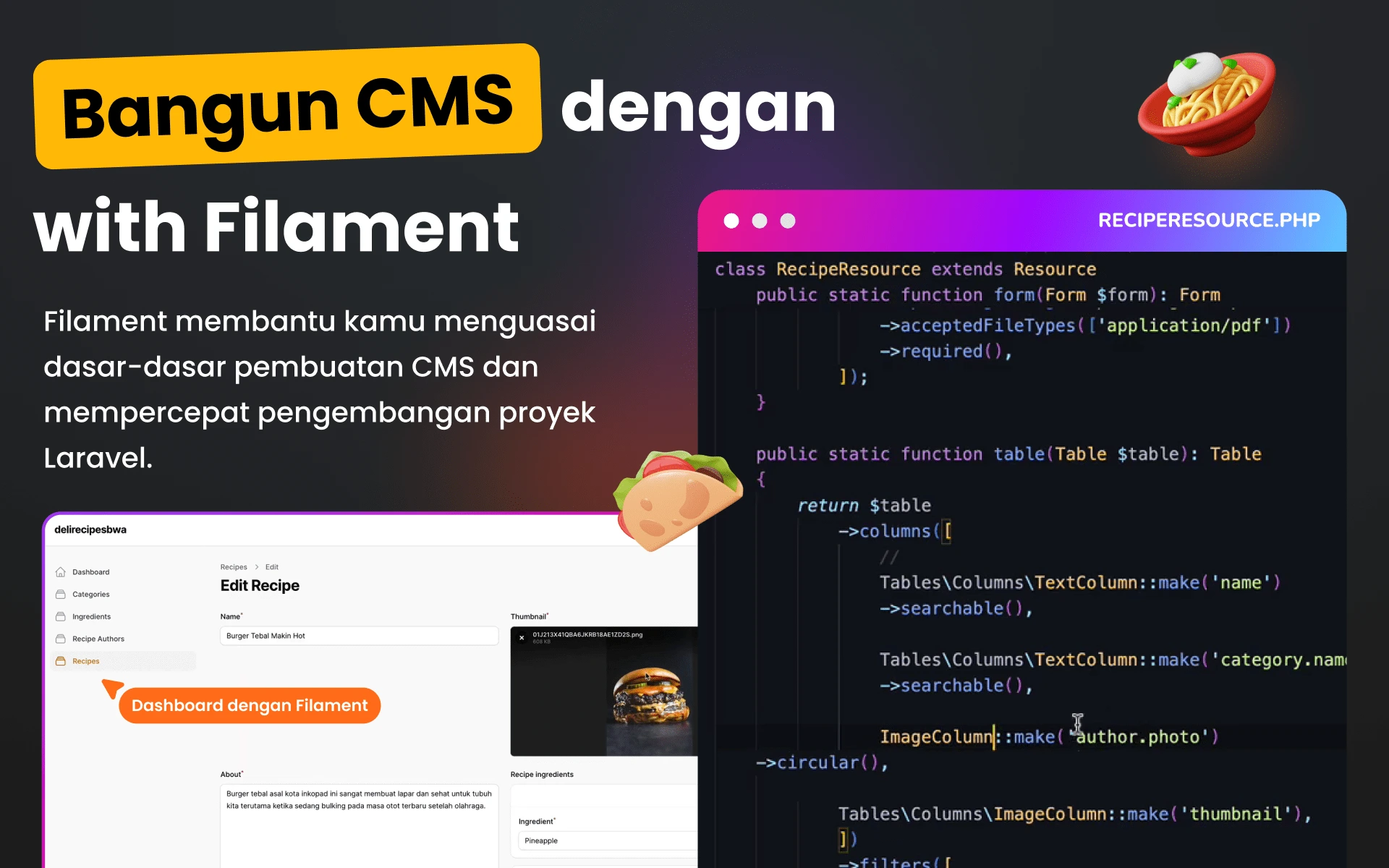 Foto kelas Laravel 11, Filament, React, TypeScript: Web Food Recipes